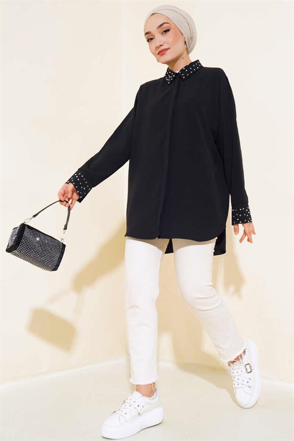 Cuff and Collar Stoned Shirt Black