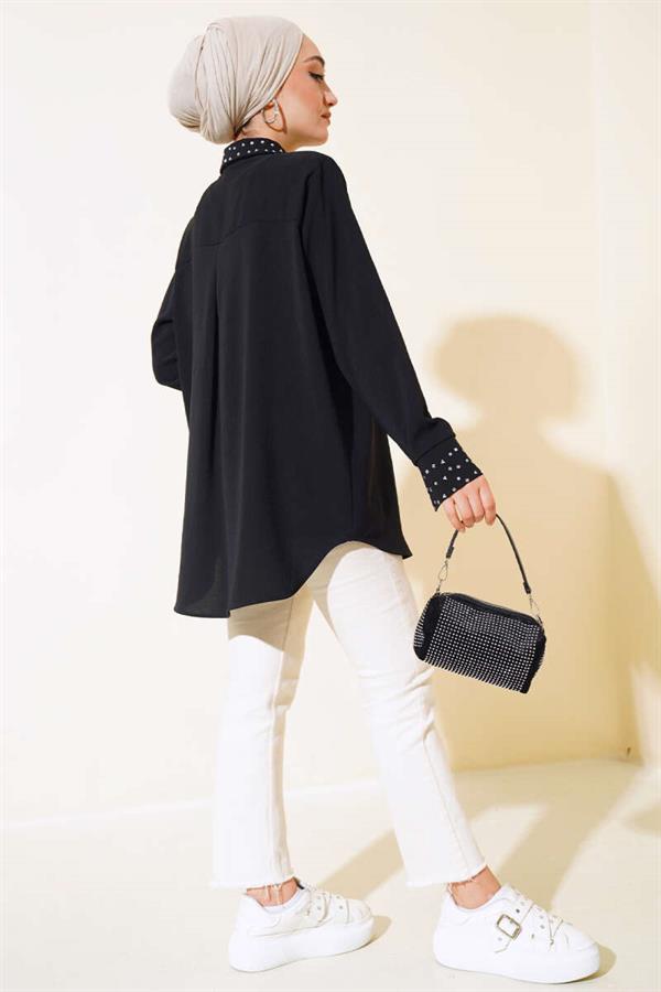 Cuff and Collar Stoned Shirt Black