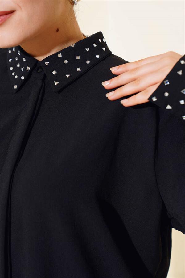 Cuff and Collar Stoned Shirt Black