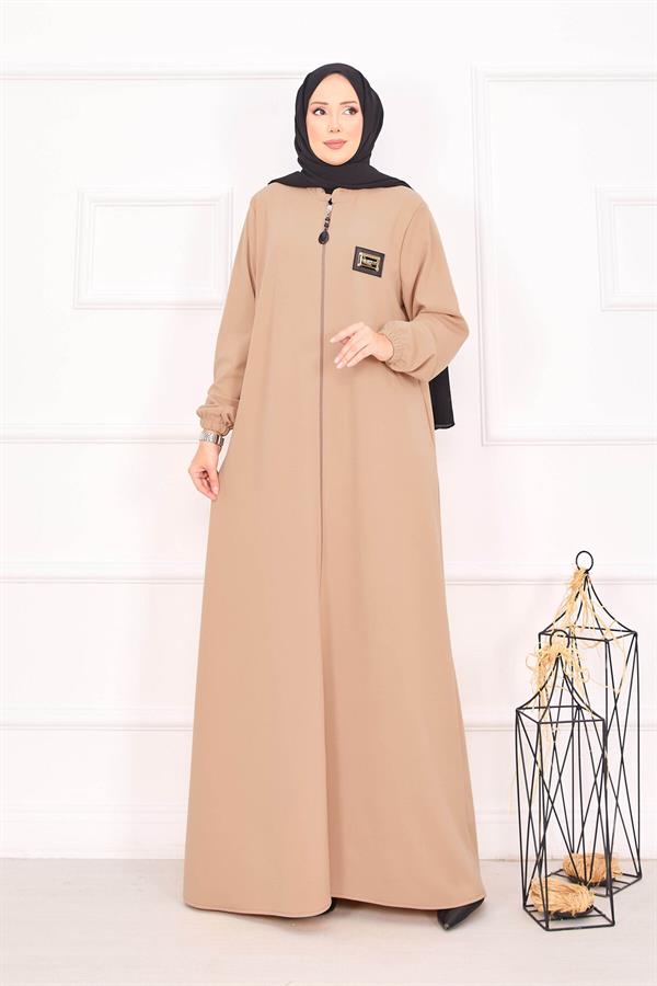 Elastic Cuffed Hijab Abaya with Pocket in Camel