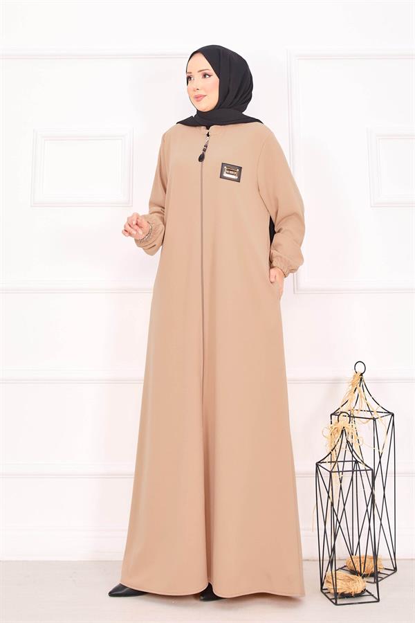 Elastic Cuffed Hijab Abaya with Pocket in Camel