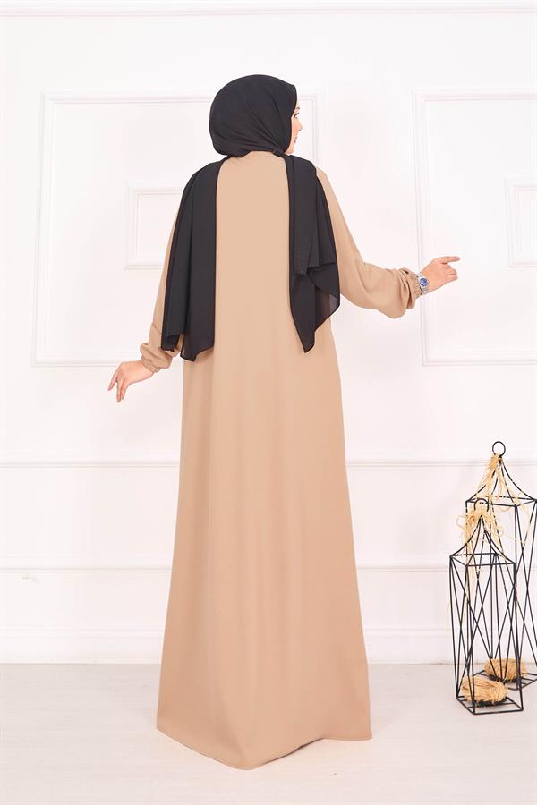 Elastic Cuffed Hijab Abaya with Pocket in Camel