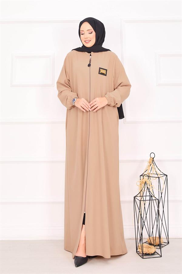 Elastic Cuffed Hijab Abaya with Pocket in Camel