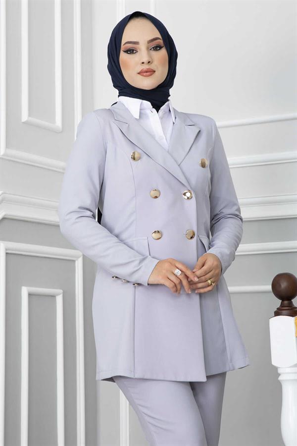 Handkerchief Collar Detailed Hijab Suit - Gray