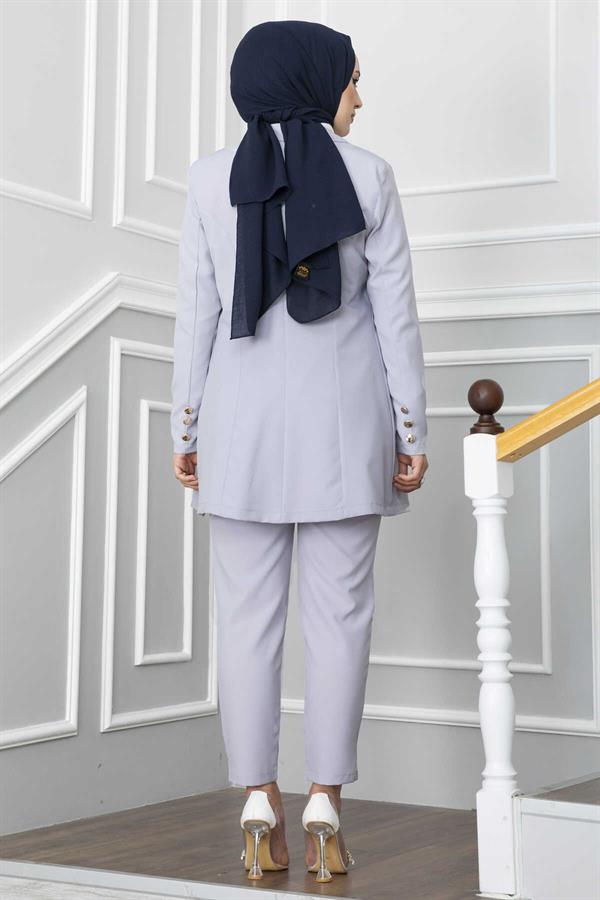 Handkerchief Collar Detailed Hijab Suit - Gray