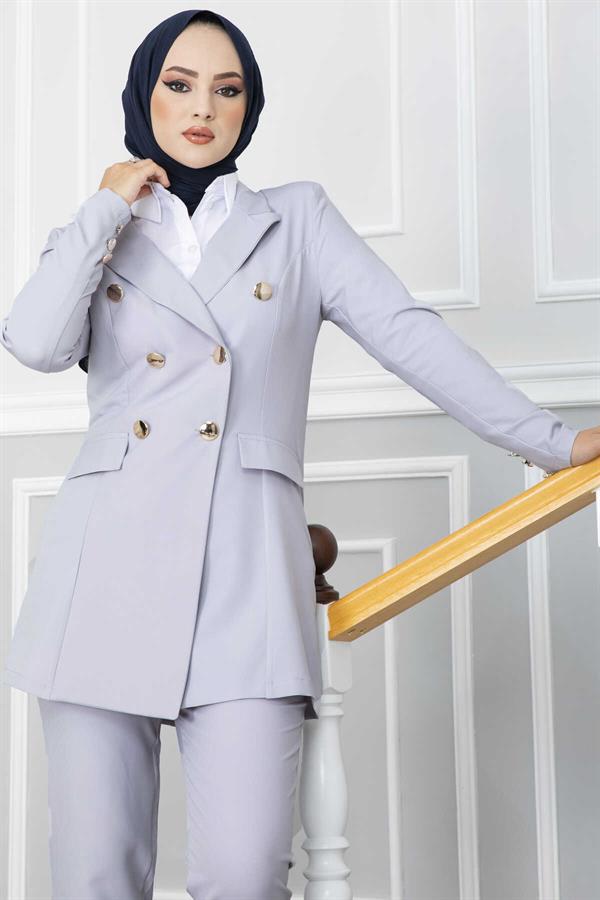 Handkerchief Collar Detailed Hijab Suit - Gray