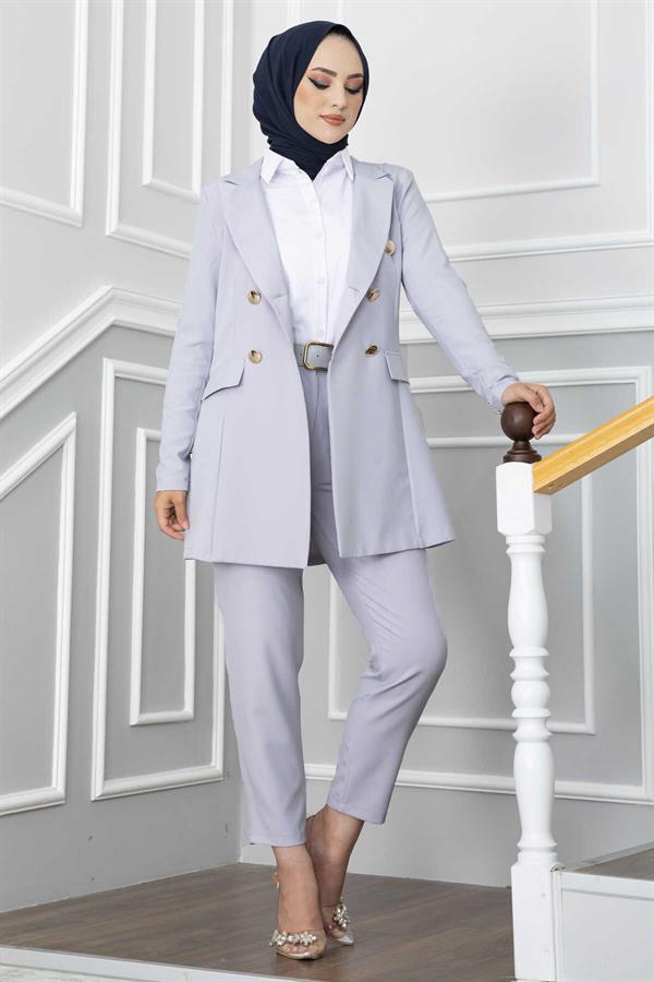 Handkerchief Collar Detailed Hijab Suit - Gray