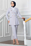 Handkerchief Collar Detailed Hijab Suit - Gray