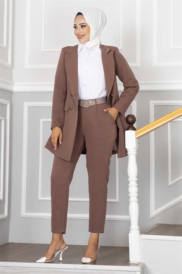 Handkerchief Collar Detailed 2 Piece Set Brown
