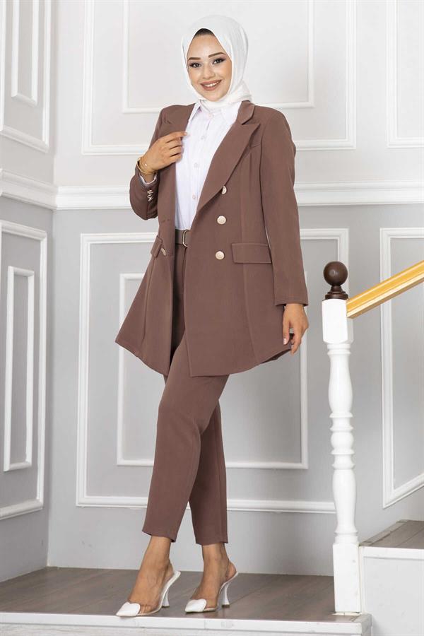 Handkerchief Collar Detailed 2 Piece Set Brown
