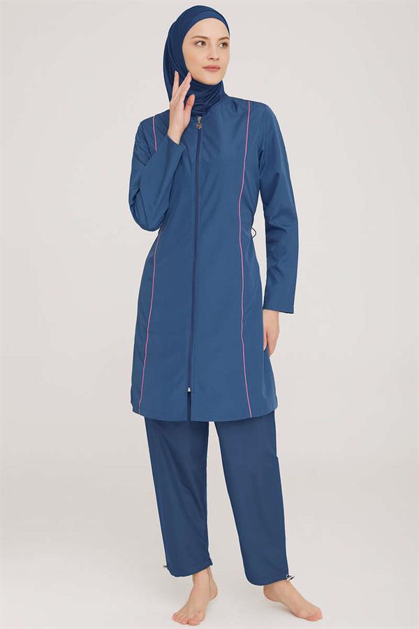 Metal Embroidered Zippered Modest Burkini Light Navy Blue