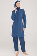Metal Embroidered Zippered Modest Burkini Light Navy Blue
