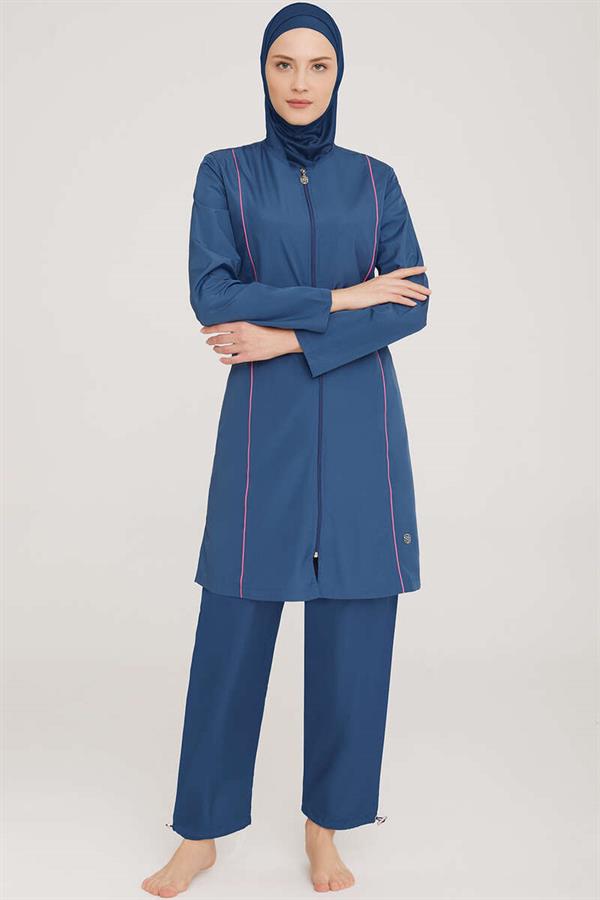 Metal Embroidered Zippered Modest Burkini Light Navy Blue