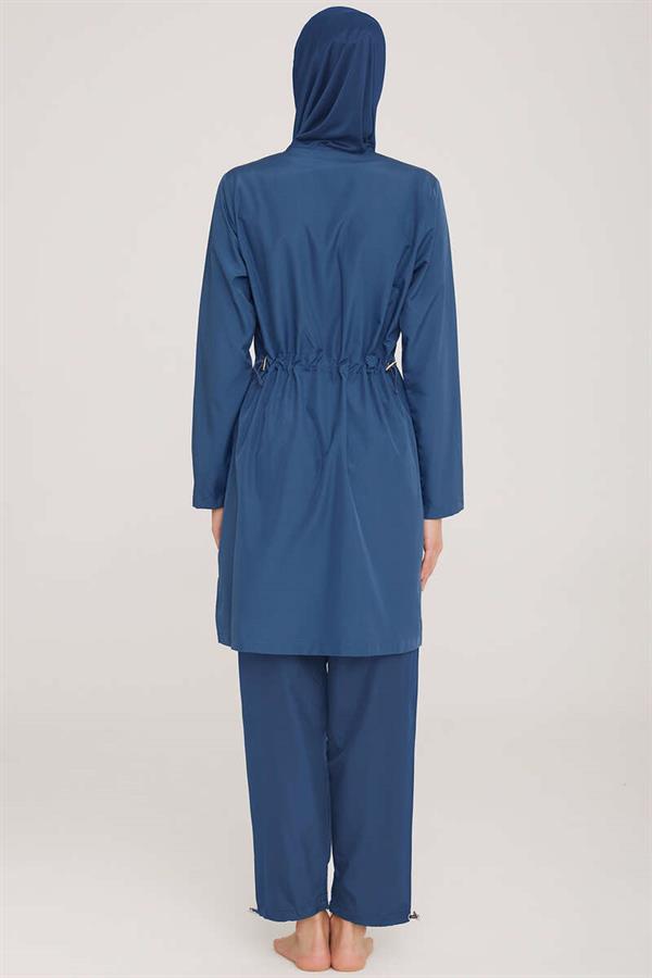Metal Embroidered Zippered Modest Burkini Light Navy Blue