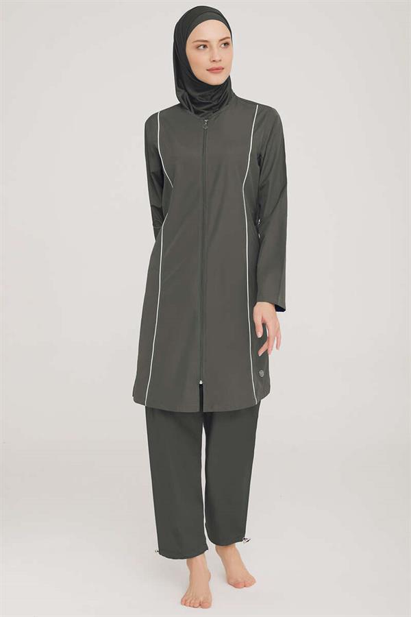 Metal Embroidered Zippered Modest Burkini Anthracite