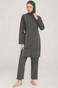 Metal Embroidered Zippered Modest Burkini Anthracite
