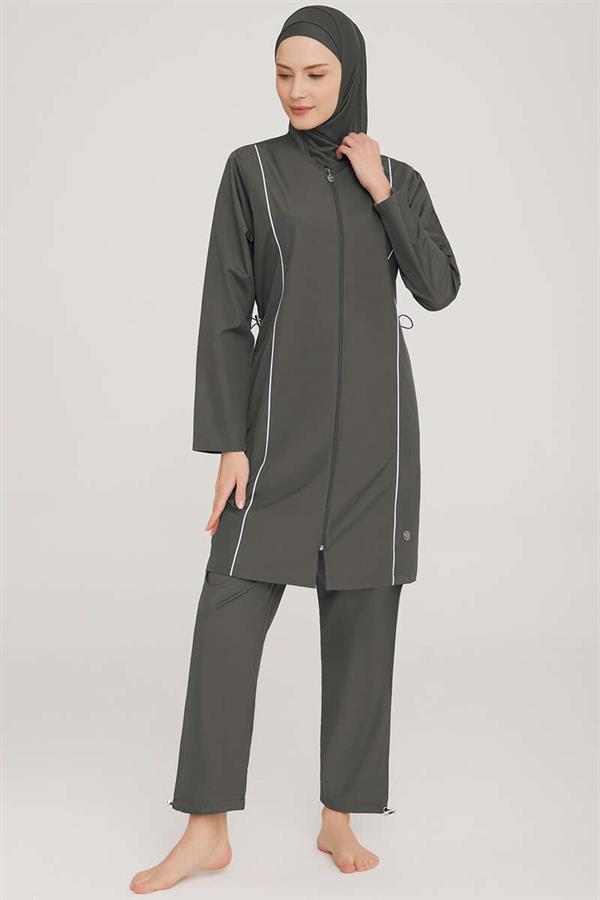 Metal Embroidered Zippered Modest Burkini Anthracite