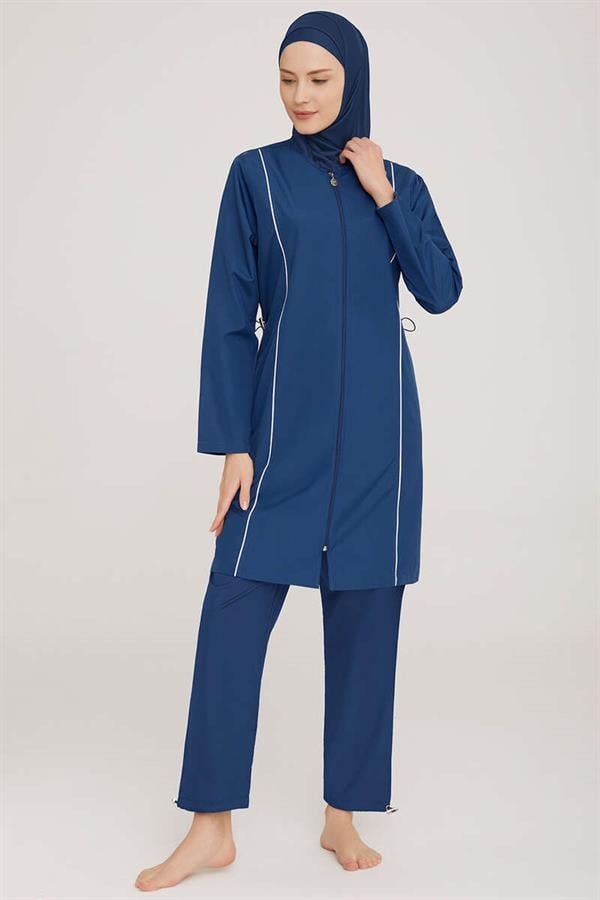 Metal Embroidered Zippered Modest Burkini Dark Navy Blue