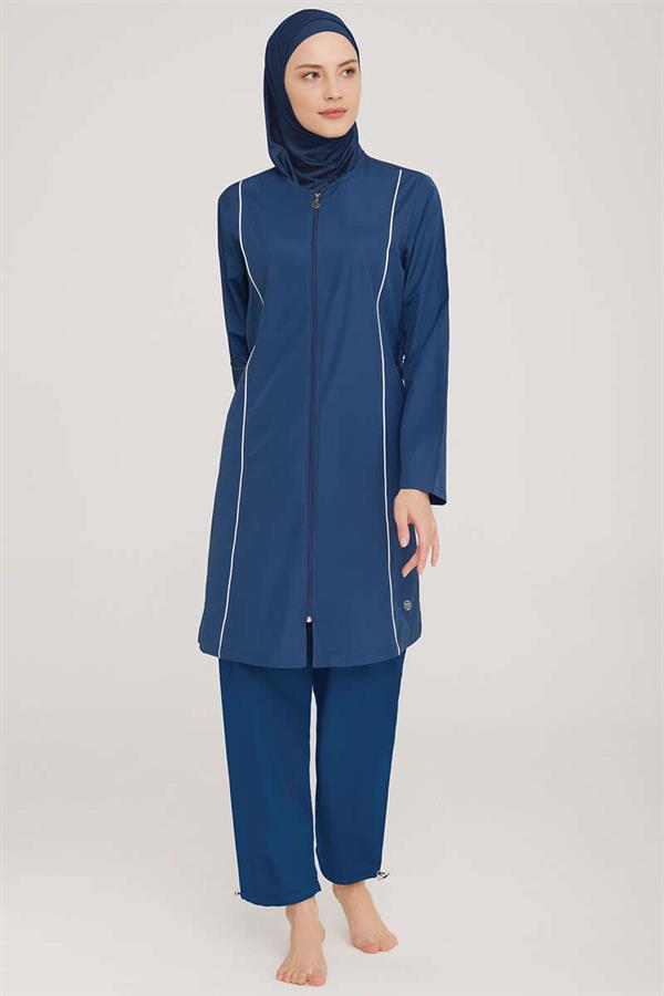 Metal Embroidered Zippered Modest Burkini Dark Navy Blue