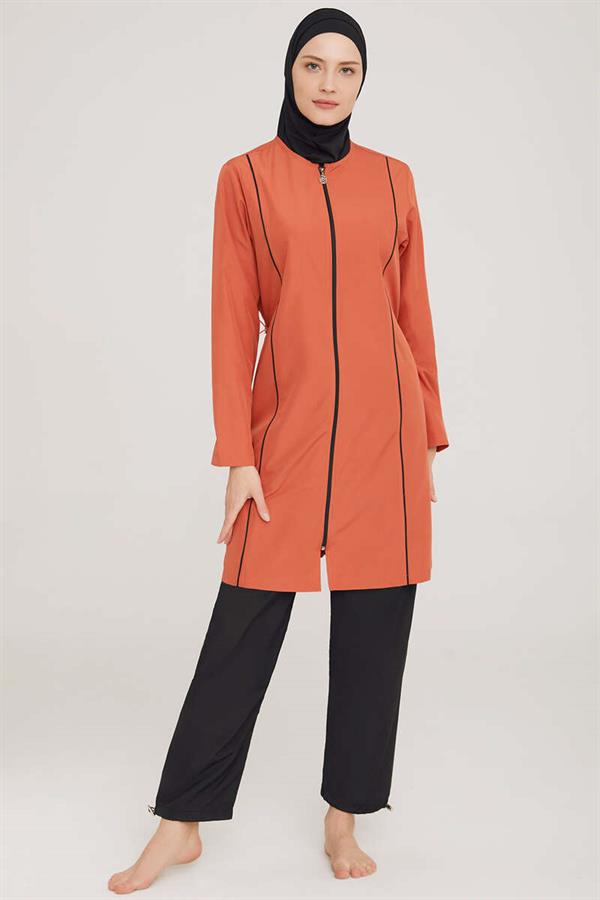 Metal Embroidered Zippered Modest Burkini Cinnamon
