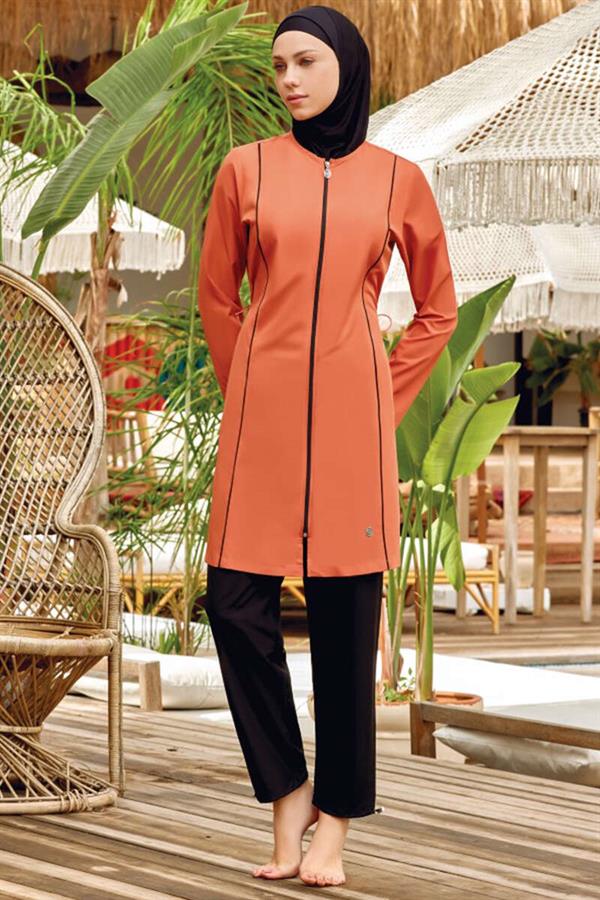 Metal Embroidered Zippered Modest Burkini Cinnamon