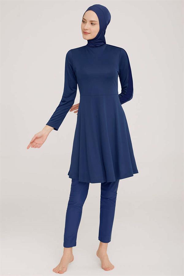 Metal Embroidered Lycra Modest Burkini Light Navy Blue