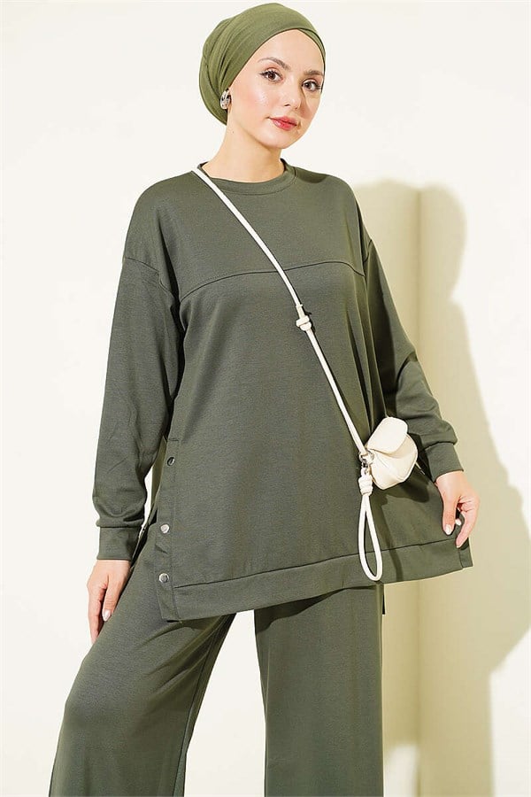 2 Piece Set with Metal Snap Button Details, Khaki