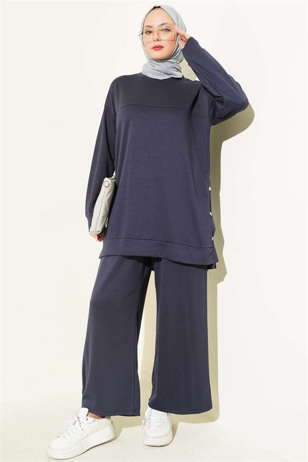 2 Piece Set with Metal Snap Button Detail, Navy Blue