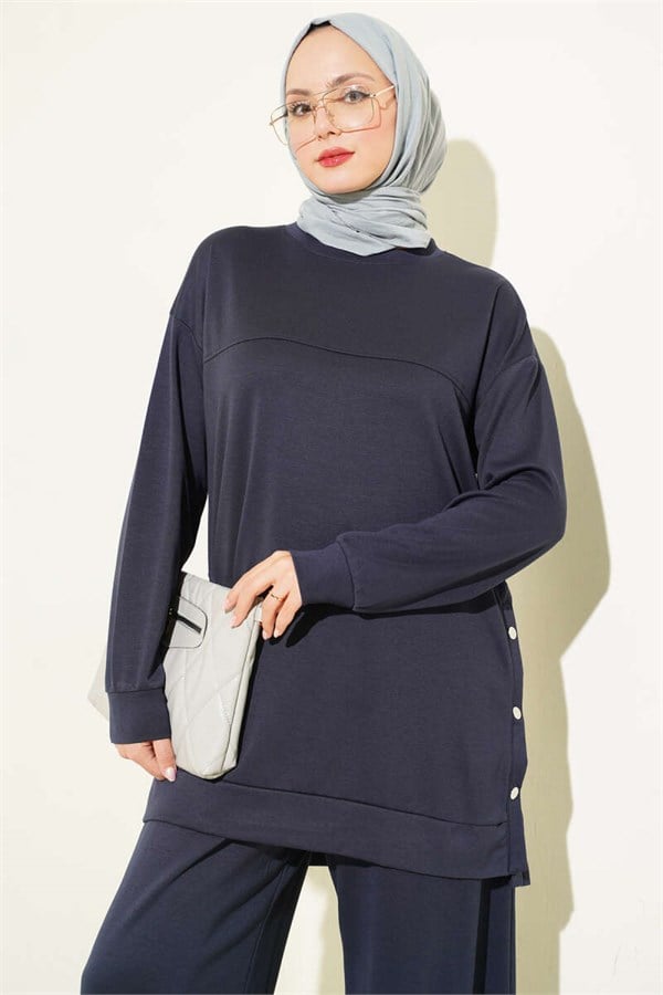 2 Piece Set with Metal Snap Button Detail, Navy Blue
