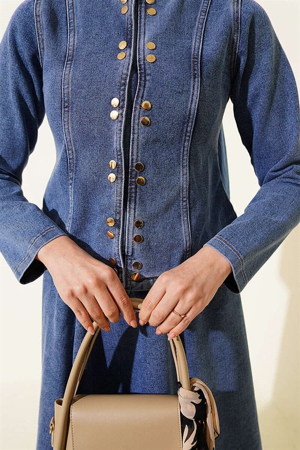 2 Piece Set with skirt and metal snap buttons, denim blue.