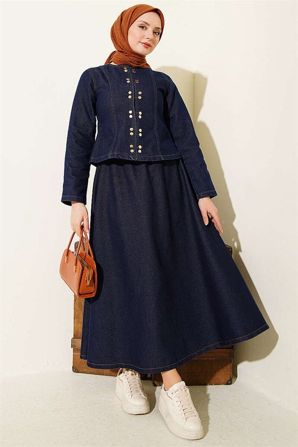 Denim Two-Piece Skirt 2 Piece Set with Metal Snap Buttons