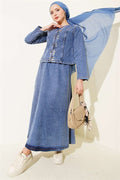 2 Piece Set with skirt and metal snap buttons, denim blue.