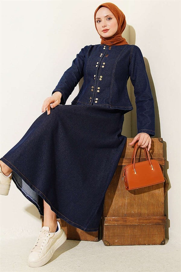 Denim Two-Piece Skirt 2 Piece Set with Metal Snap Buttons