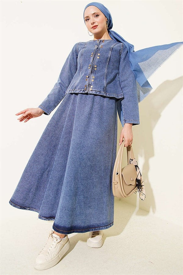 2 Piece Set with skirt and metal snap buttons, denim blue.