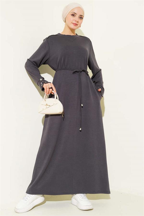 Dark Gray Lace-Up Dress with Metal Button Embellishments