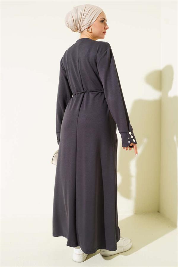 Dark Gray Lace-Up Dress with Metal Button Embellishments