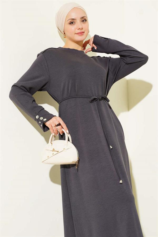 Dark Gray Lace-Up Dress with Metal Button Embellishments