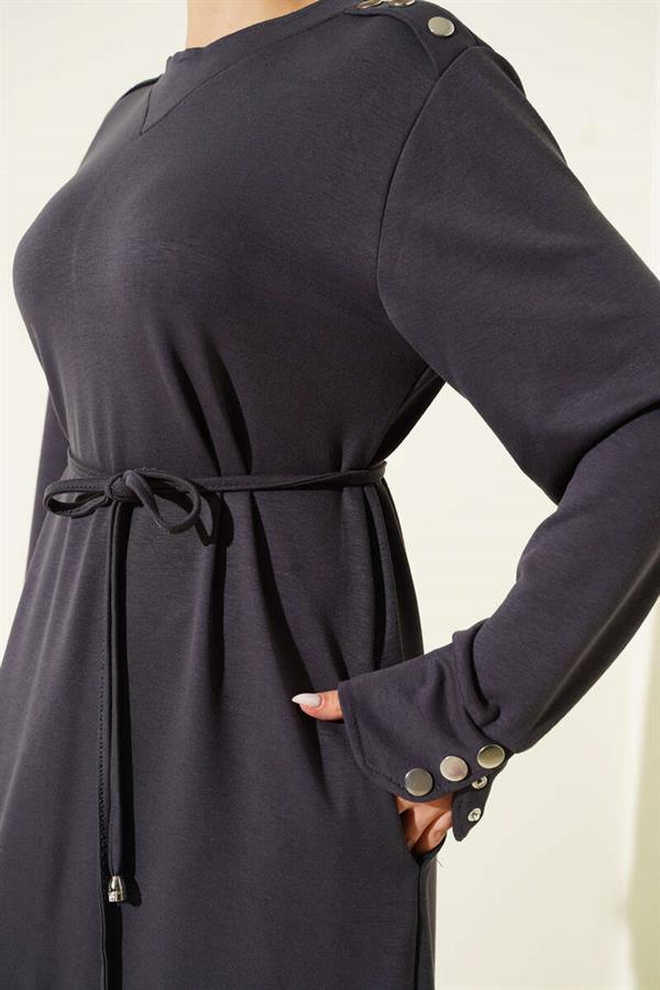 Dark Gray Lace-Up Dress with Metal Button Embellishments