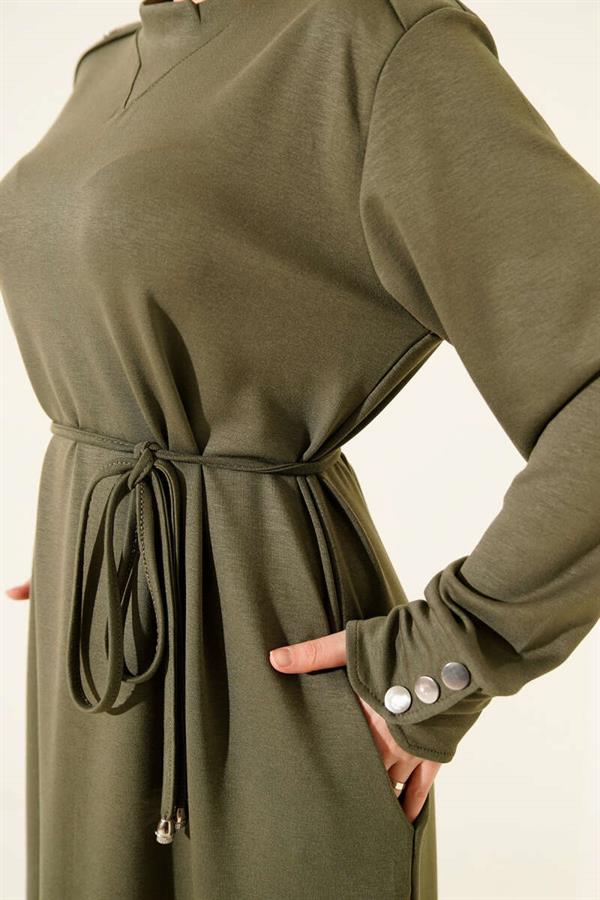 Lace-up Dress with Metal Button Embellishments, Khaki
