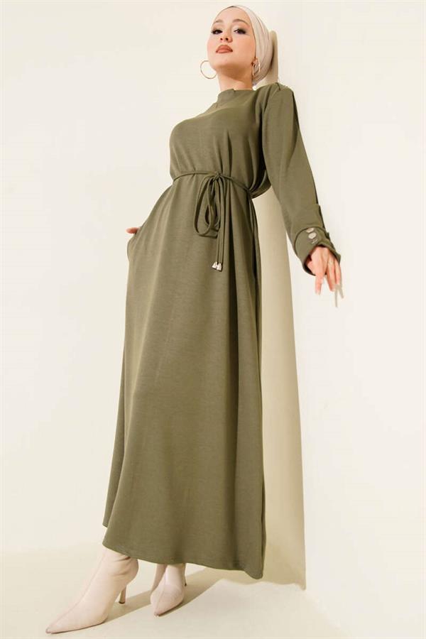 Lace-up Dress with Metal Button Embellishments, Khaki