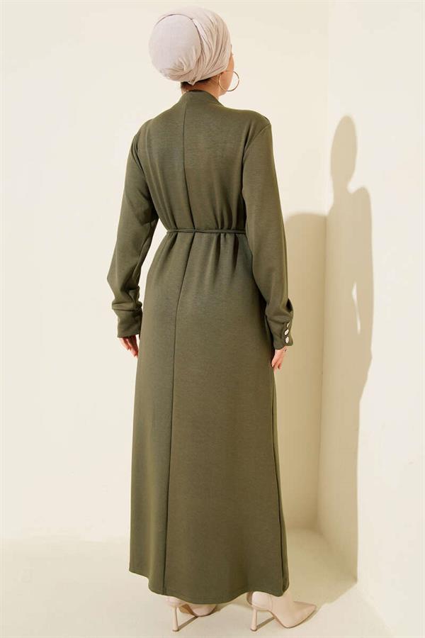 Lace-up Dress with Metal Button Embellishments, Khaki