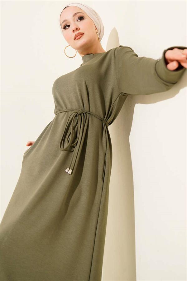 Lace-up Dress with Metal Button Embellishments, Khaki