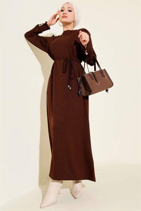 Lace-up Dress with Metal Button Embellishments, Brown