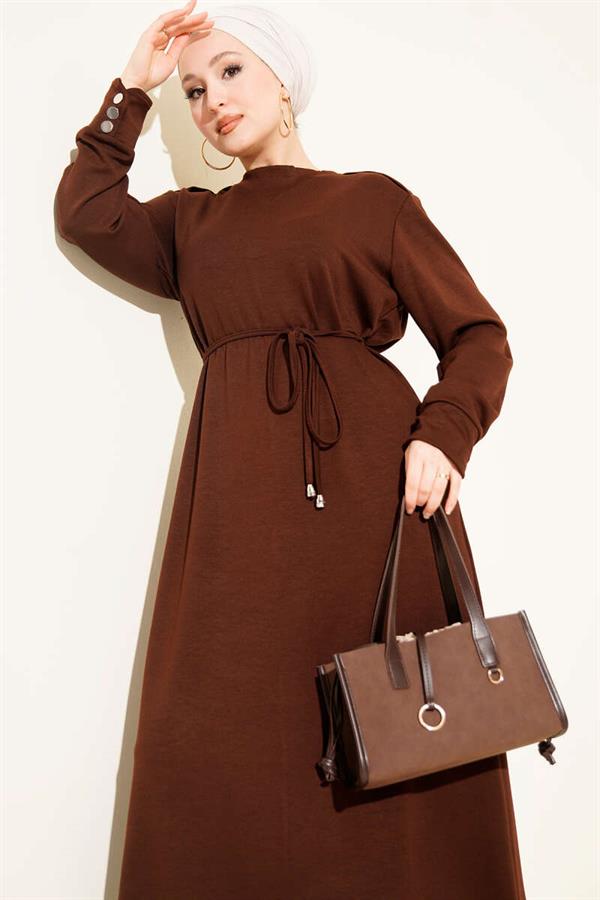 Lace-up Dress with Metal Button Embellishments, Brown
