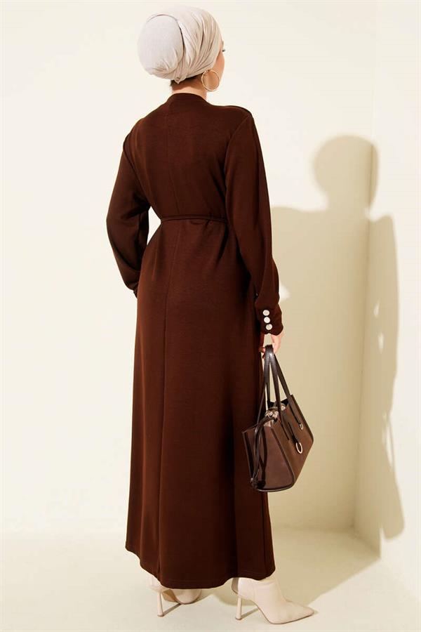 Lace-up Dress with Metal Button Embellishments, Brown