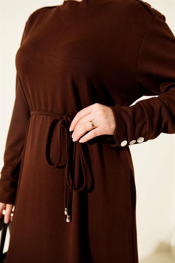 Lace-up Dress with Metal Button Embellishments, Brown