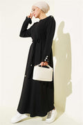Black Lace-up Dress with Metal Button Embellishments