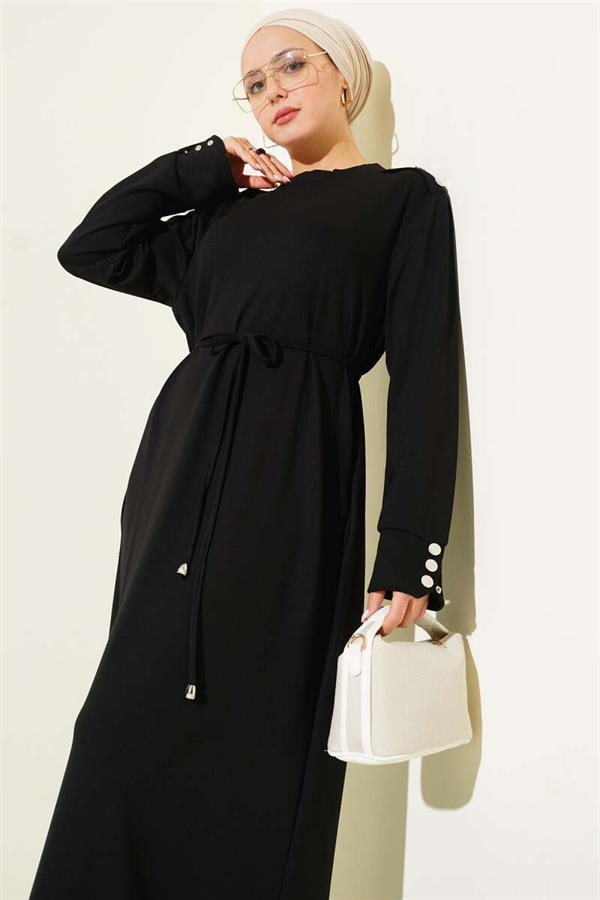 Black Lace-up Dress with Metal Button Embellishments