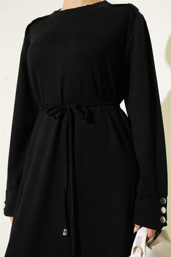 Black Lace-up Dress with Metal Button Embellishments