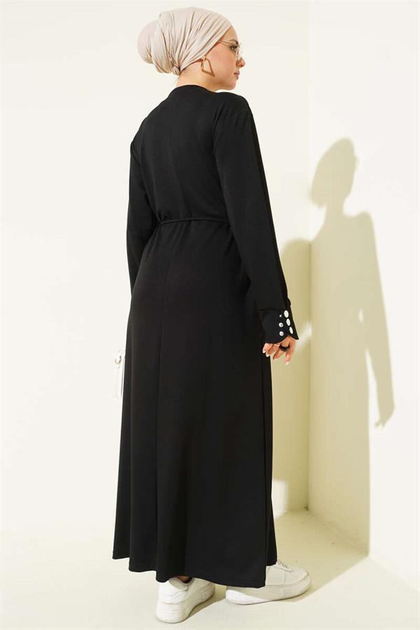 Black Lace-up Dress with Metal Button Embellishments